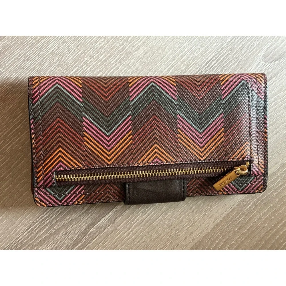 Fossil Logan Bifold Wallet Multicolor Chevron Coated‎ Canvas Leather Trim Slim